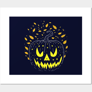 Happy Halloween Spooky Jack O Lantern Yellow Orange And Black Carved Pumpkin Posters and Art